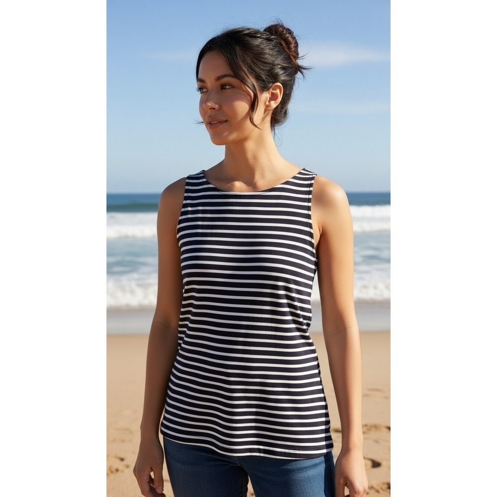 COS Women Navy Blue White Striped Sleeveless Cotton Boat Neckβ Tank Top Size S